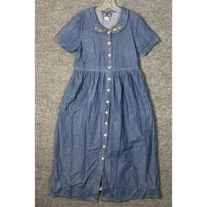 Vintage True Blue Womens Denim Button Front Dress Size Medium Floral Embroidered